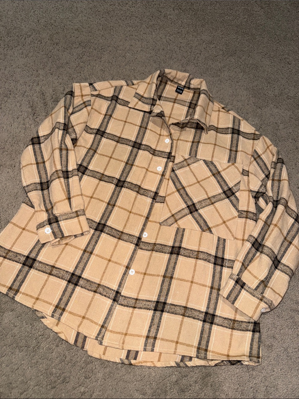 Women’s Beige & Black Plaid Button-Up Shirt Size XXS